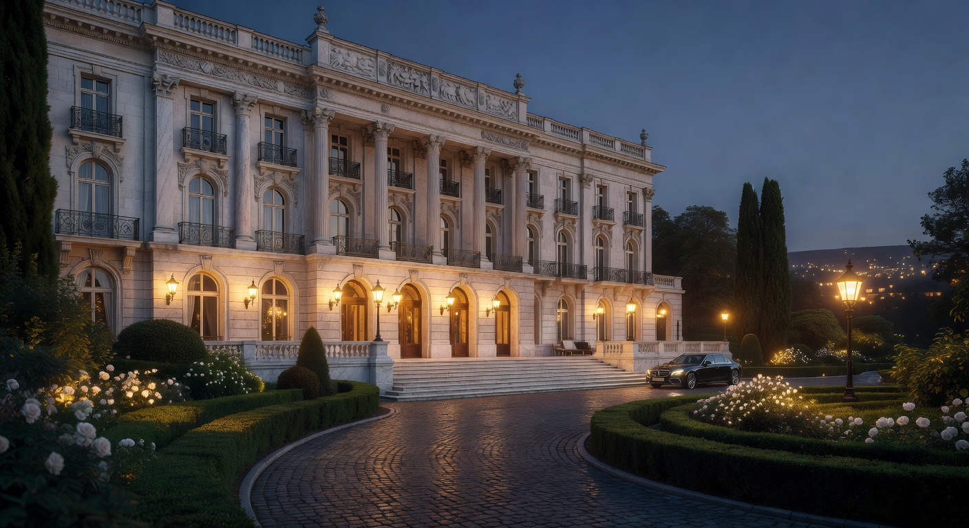 Grand facade of the Kurhaus Elegance Retreat in the evening