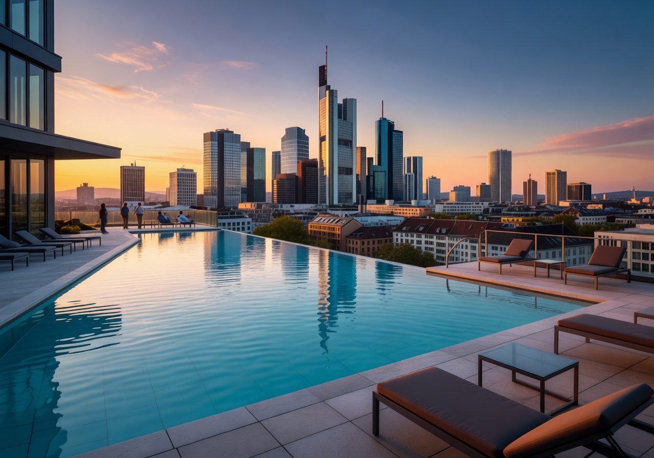 High-rise hotel pool overlooking Frankfurt skyline