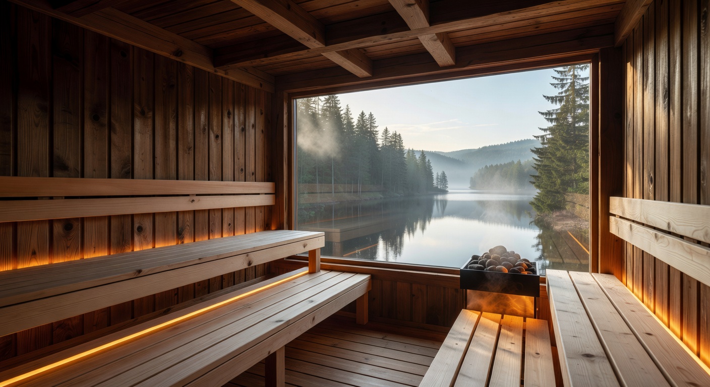 Beautifully lit wooden sauna overlooking nature