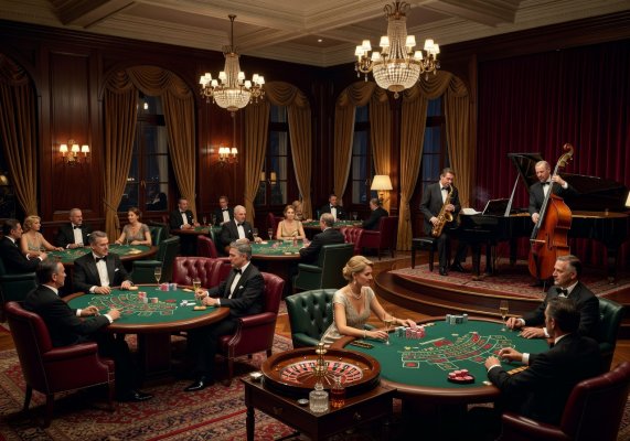 Elegant hotel lounge with casino tables and live jazz