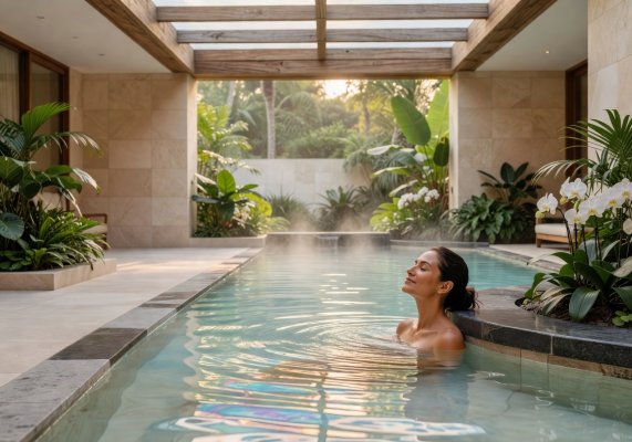 Guest relaxing in a luxury mineral pool